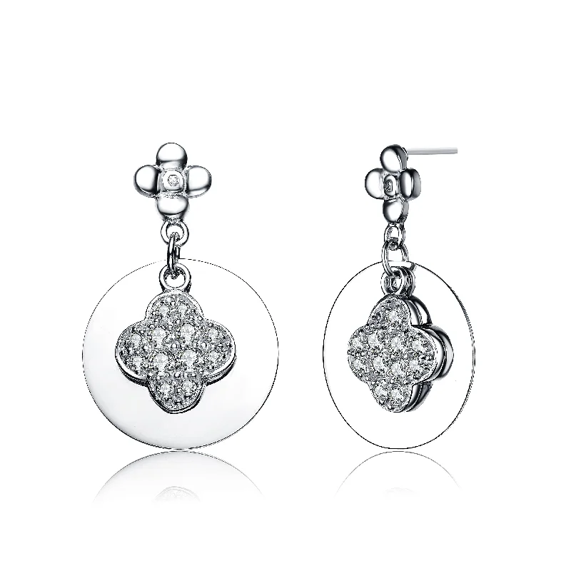 Earrings For Preteens-CZ SS Rhodium Plated Round Drop Flower Design Earrings