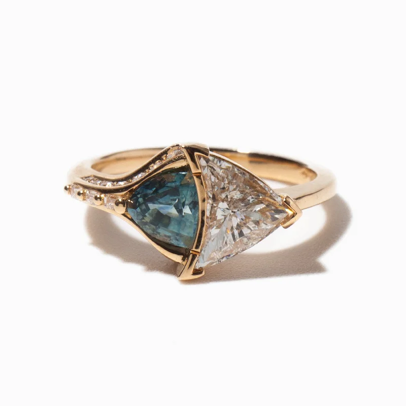 Long Life Rings-Aquatic Trillion Diamond and Teal Sapphire Engagement Ring