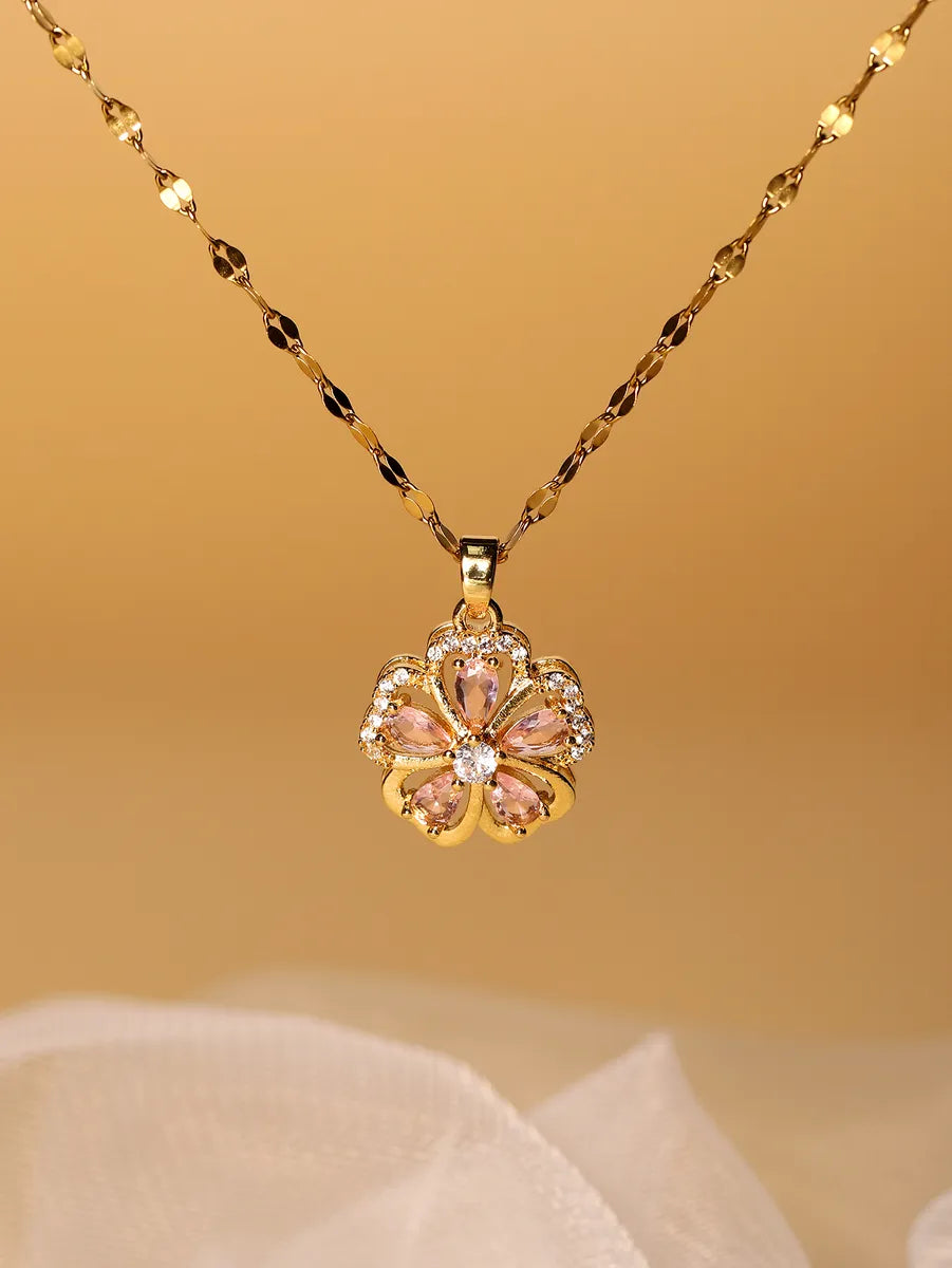 Necklaces For Thin Fits-Elegant Glam Luxurious Flower Stainless Steel Plating Hollow Out Inlay Zircon 18k Gold Plated Pendant Necklace