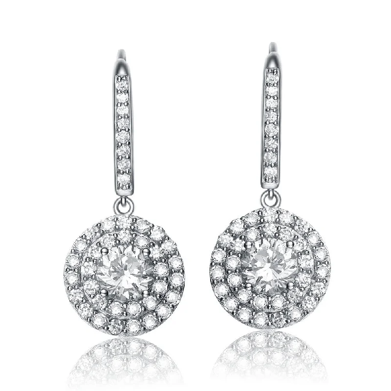 Earrings Fit Test-Sterling Silver Rhodium-Plated Double Halo Cubic Zirconia Drop Earrings