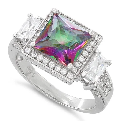 Rings Make Reviews-Sterling Silver Three Stone Rainbow Topaz Square CZ Ring