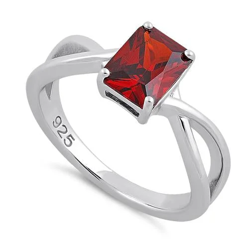 Rings For Icy Days-Sterling Silver Twist Emerald Cut Garnet CZ Ring