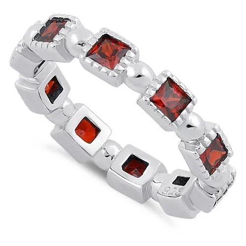 Rings For Chic Ladies-Sterling Silver Princess Cut Garnet Eternity CZ Ring