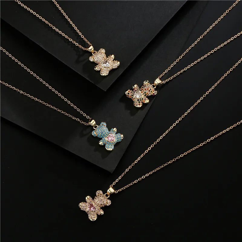 Necklaces For Chic Ladies-Fashion Copper Micro-Inlaid Color Zirconium Turquoise Heart Bear Pendant Necklace