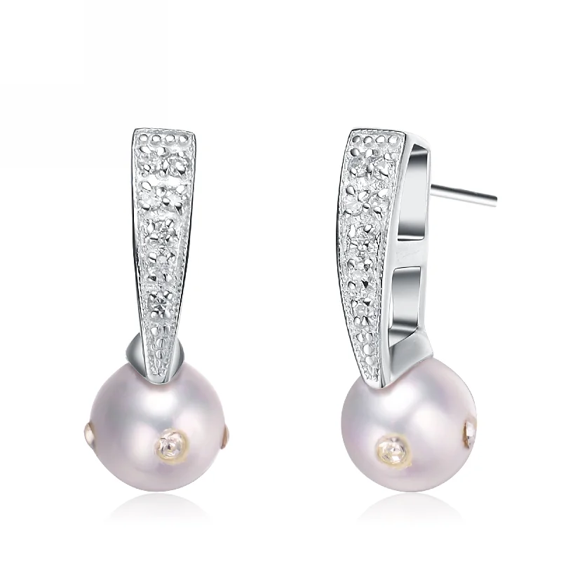 Earrings For Active Days-C.Z. Sterling Silver Rhodium Plated Pearl Drop Earrings