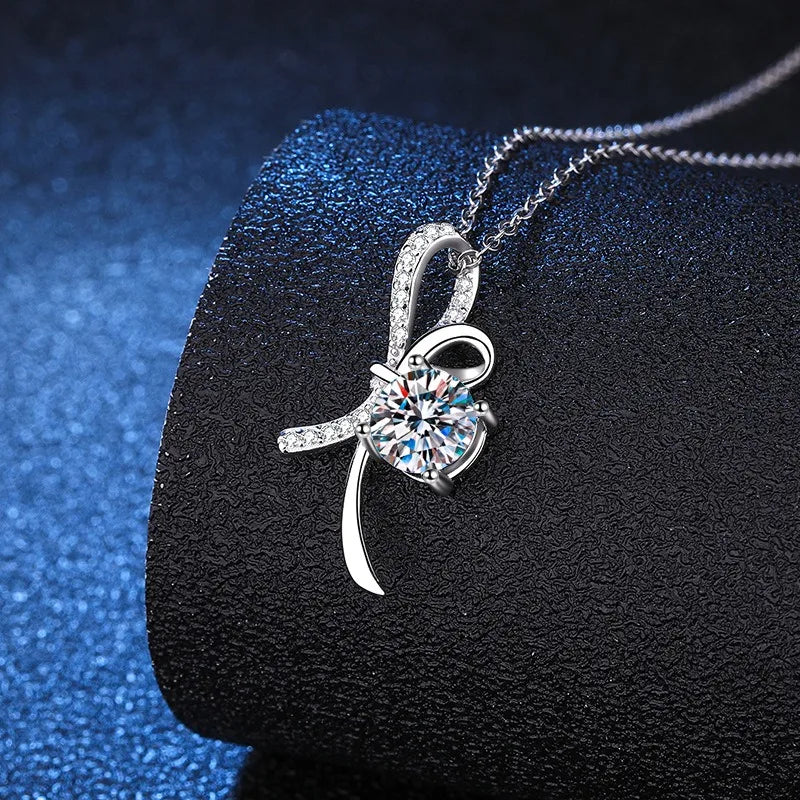 Necklaces For Evening Spark-Sterling Silver Inlay Bow Knot Moissanite Zircon Pendant Necklace