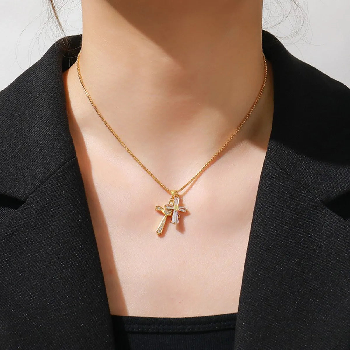 Necklaces For Full Shoulders-Copper 18K Gold Plated Inlay Cross Zircon Pendant Necklace