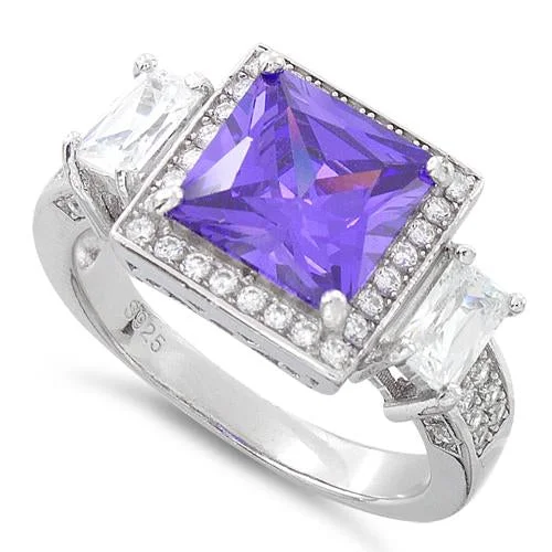 Rings Rock Guide-Sterling Silver Three Stone Amethyst Square CZ Ring