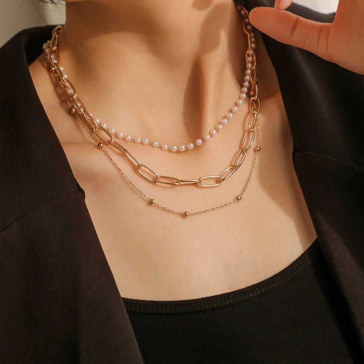 Necklaces For Stone Sets-Simple Style Classic Style Geometric Iron Beaded 18K Gold Plated Women's Three Layer Necklace