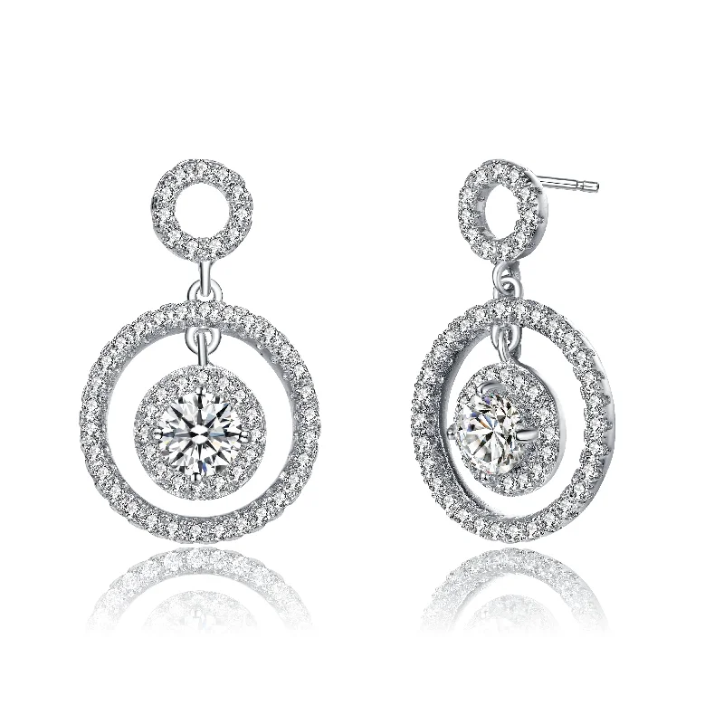 Earrings Fade Guide-Sterling Silver with White Gold Plated Clear Round Cubic Zirconia Three Halo Drop Earrings