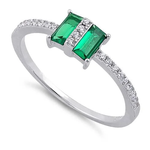 Rings For Evening Glow-Sterling Silver Double Baguette Straight Cut Emerald & Clear CZ Ring