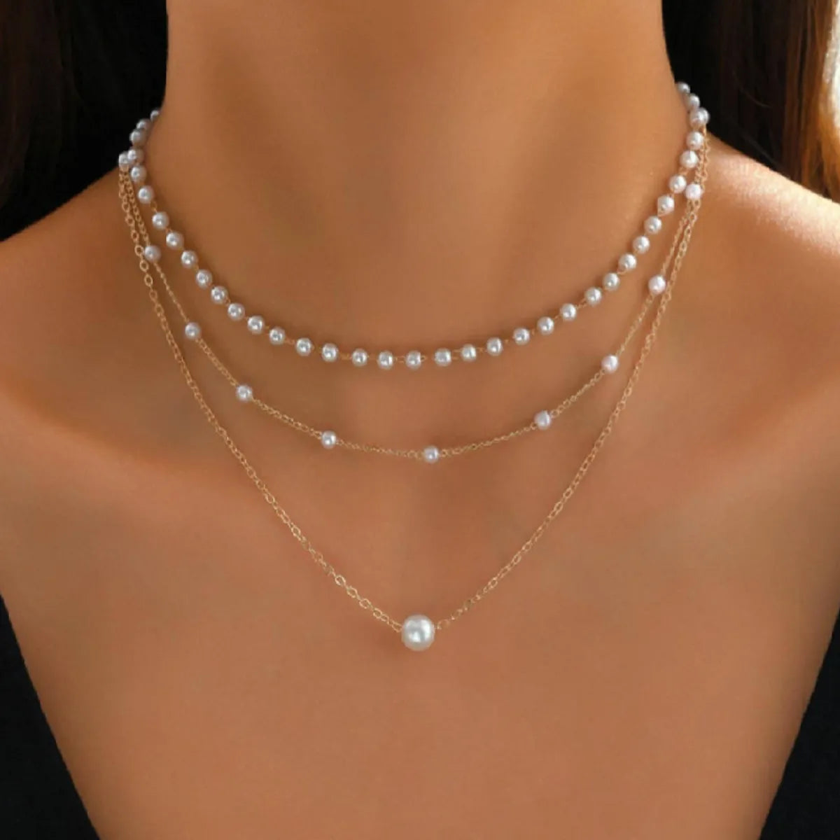 Necklaces For Icy Hues-Simple Style Geometric Artificial Pearl Alloy Plating Women's Three Layer Necklace