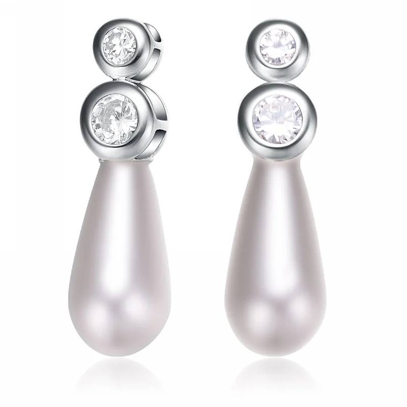 Earrings For Skirt Styles-Cubic Zirconia Sterling Silver Rhodium Plated Round Bezel Set Mother Of Pearl Drop Earrings