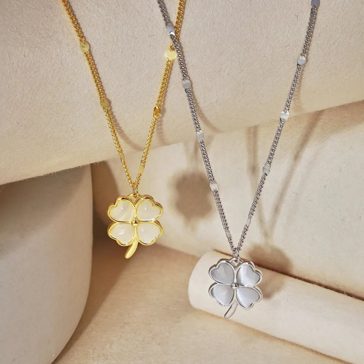 Necklaces For Handmade Gifts-1 Piece Sweet Four Leaf Clover Sterling Silver Plating Inlaid Shell Necklace