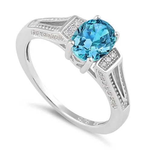 Rings For Tough Wear-Sterling Silver Aqua Blue Oval Cut CZ Ring