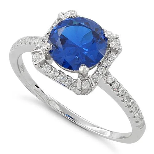 Rings With Safe Locks-Sterling Silver Blue Sapphire Round Halo Pave CZ Ring