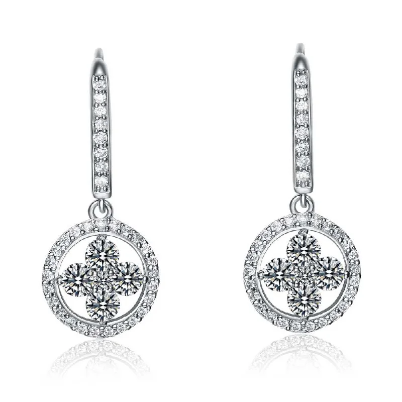 Earrings For Winter Days-Cubic Zirconia Sterling Silver Rhodium Plated Round Flower Design Drop Earrings