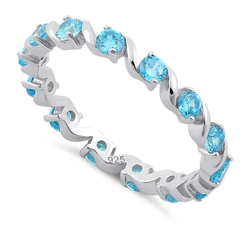 Rings With Funky Shine-Sterling Silver Swirl Aqua Blue Eternity CZ Ring