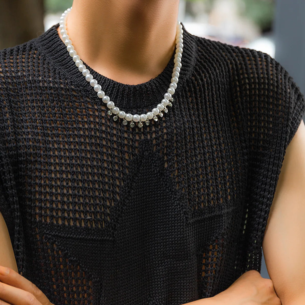 Necklaces For Wide Collars-Simple Style Classic Style Round Imitation Pearl Rhinestone Beaded Inlay Rhinestones Men'S Necklace