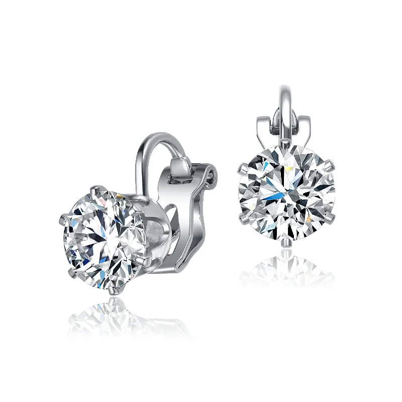 Earrings Match Tips-Sterling Silver White Plated Cubic Zirconia Solitaire Drop Stud Earrings