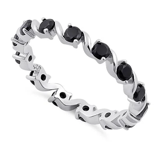 Rings For Gypsy Vibes-Sterling Silver Swirl Black Eternity CZ Ring