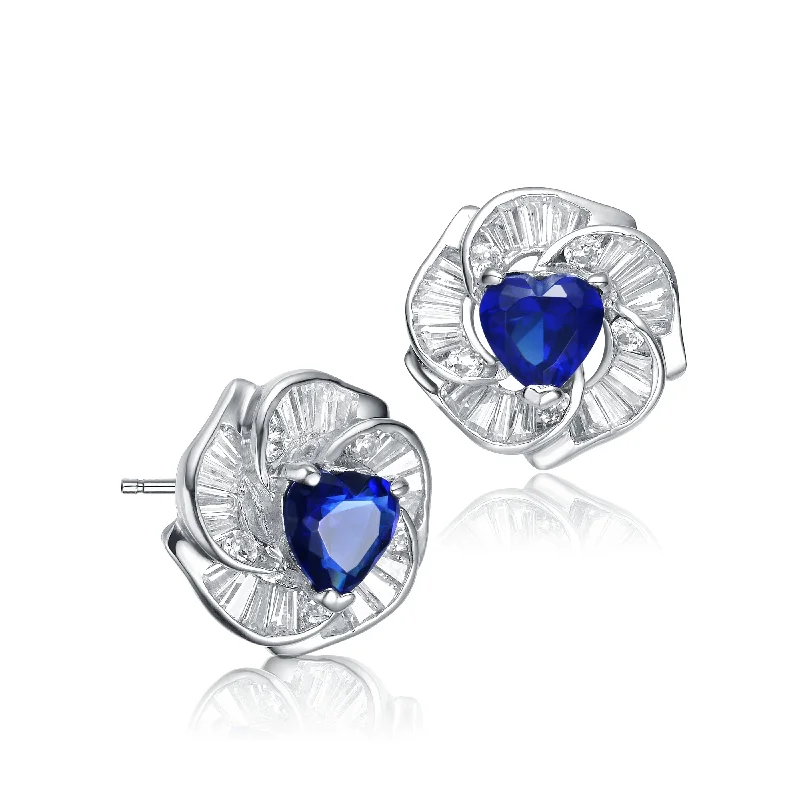 Fine Earrings For Elegance-Cubic Zirconia Rhodium Plated Heart Shape Blue Solatire Flower Stud Earrings