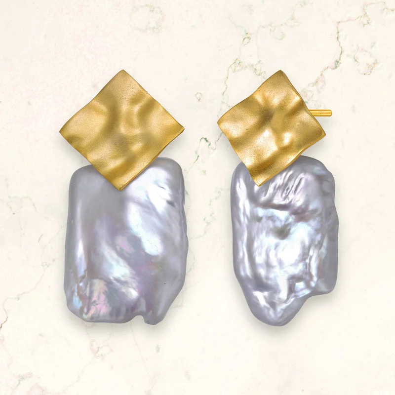 Earrings For Petite Ears-Rochelle Pearl Golden Large Square Earrings