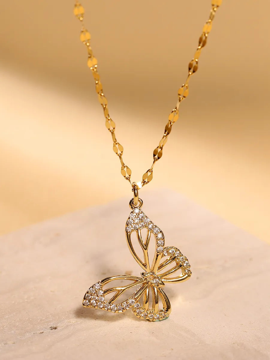 Necklaces Safety Tips-Elegant Butterfly Stainless Steel Plating Inlay Zircon 18k Gold Plated Necklace