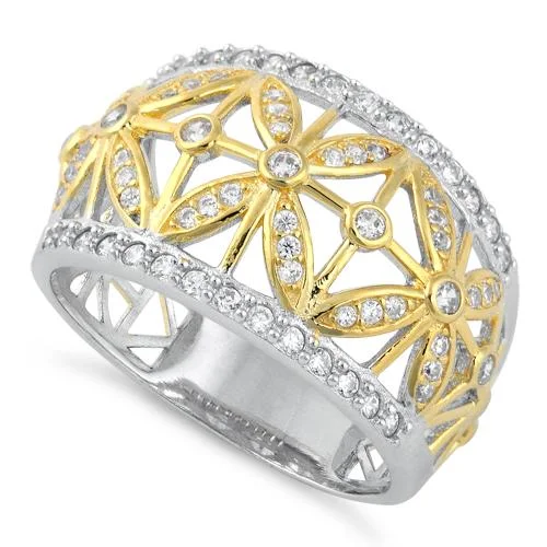 Rings For Restful Times-Sterling Silver Gold Two Tone Flower Caged CZ Ring