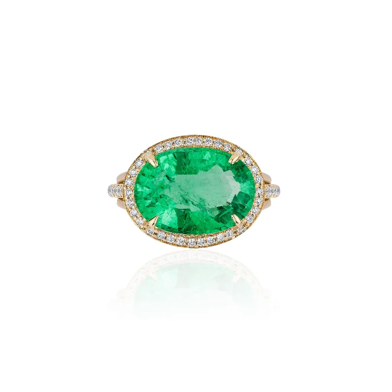 Rings For Full Sets-One of a Kind Glowing Oval Shape Emerald Ring With Diamonds