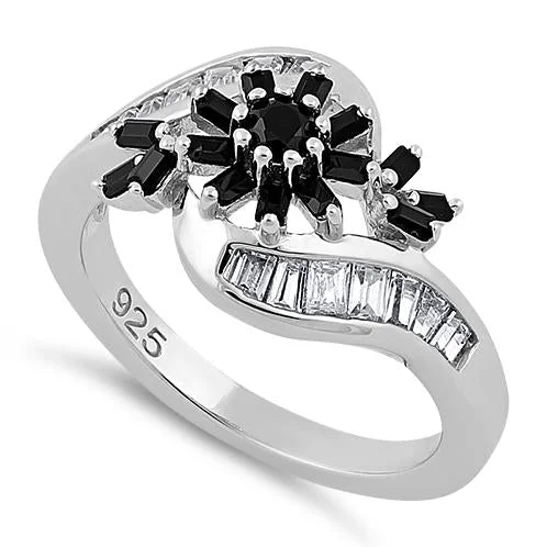 Rings For Flat Glow-Sterling Silver Blooming Flower Black CZ Ring