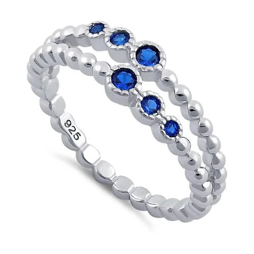 Easy Rings For Wear-Sterling Silver Double Beaded Blue Spinel CZ Ring