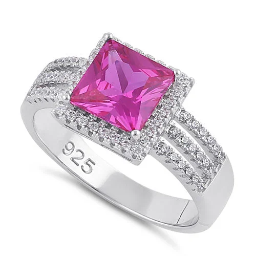 Rings For Fall Days-Sterling Silver Princess-Cut Pink CZ Ring