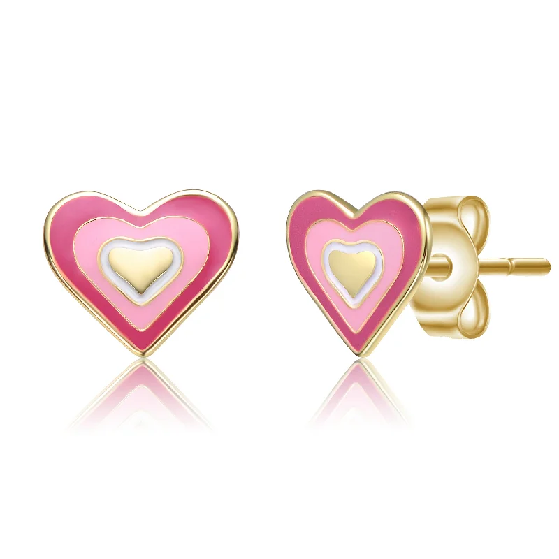 Earrings For Tassel Fun-Sterling Silver 14k Gold Plated 8MM Pink & White Enamel Heart Stud Earrings