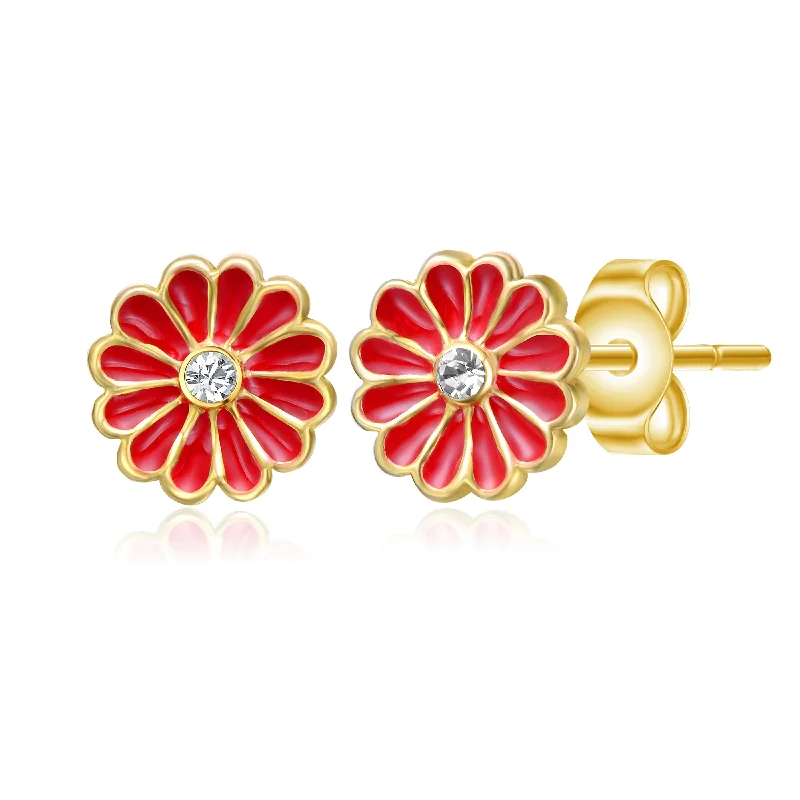 Earrings For Oval Shapes-14k Gold Plated Clear Cubic Zirconia & Red Enamel Flower Stud Earrings