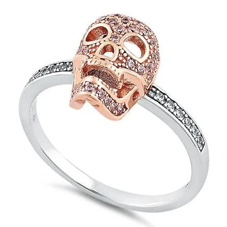 Top Rings For Fancy Style-Sterling Silver Rose Gold Two Tone Skull Pink & Clear CZ Ring