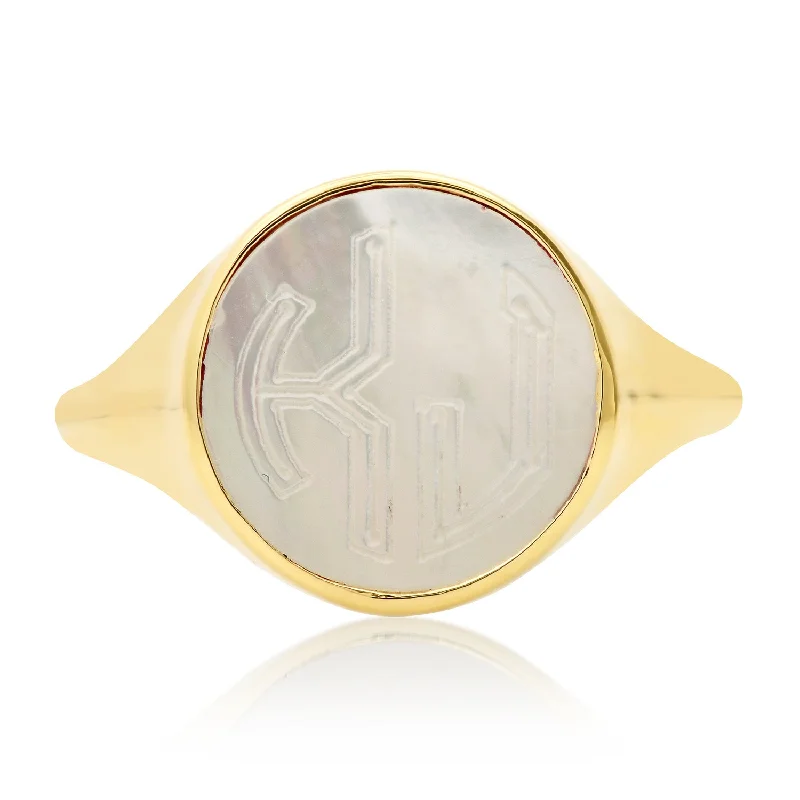 Rings With Safe Locks-Mother of Pearl Monogram Signet Ring