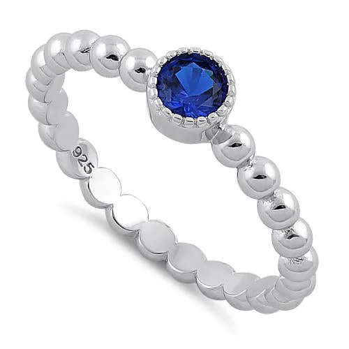 Rings Strength Rating-Sterling Silver Round Cut Beaded Blue Spinel CZ Ring