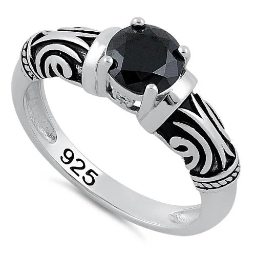 Premium Rings For Presents-Sterling Silver Tribal Round Cut Black CZ Ring