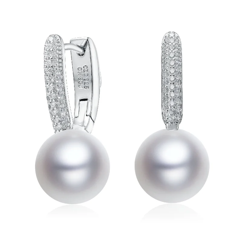 Earrings With Wild Gems-Sterling Silver with Rhodium Plated Pearl and Cubic Zirconia Drop Earrings