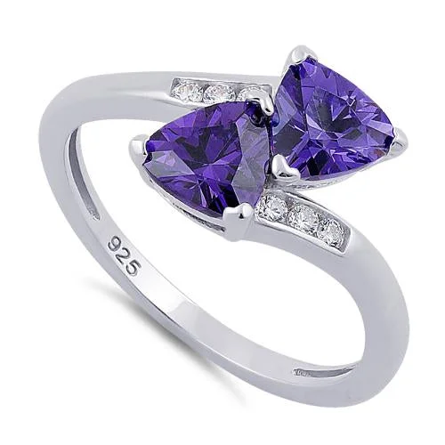 Top Rings For Work Hours-Sterling Silver Double Trillion Cut Amethyst CZ Ring