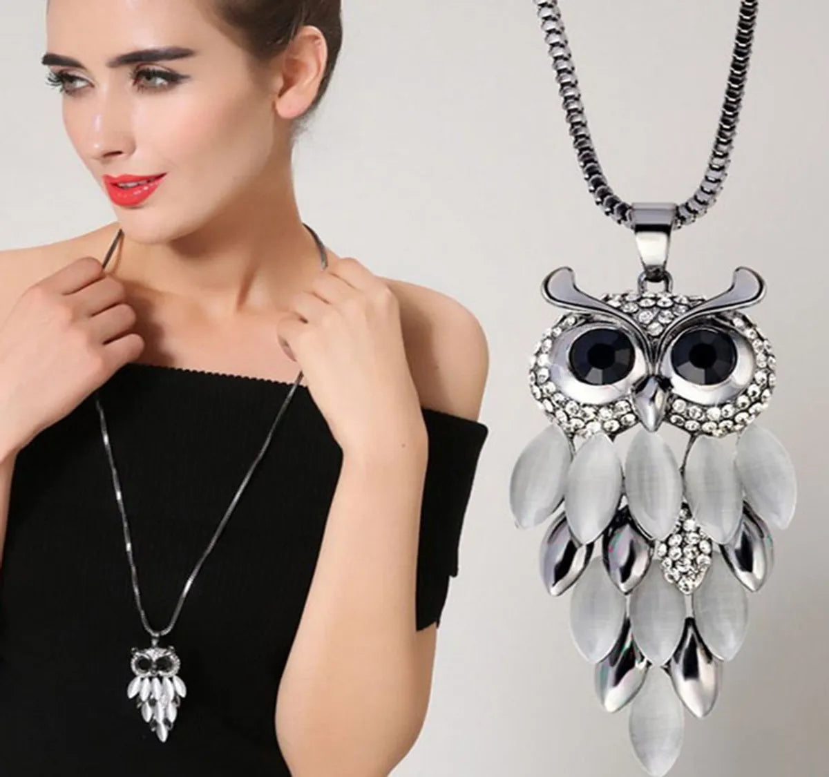 Necklaces Bulk Tips-Ig Style Simple Style Owl Alloy Copper Inlay Opal Zircon Women's Sweater Chain Long Necklace