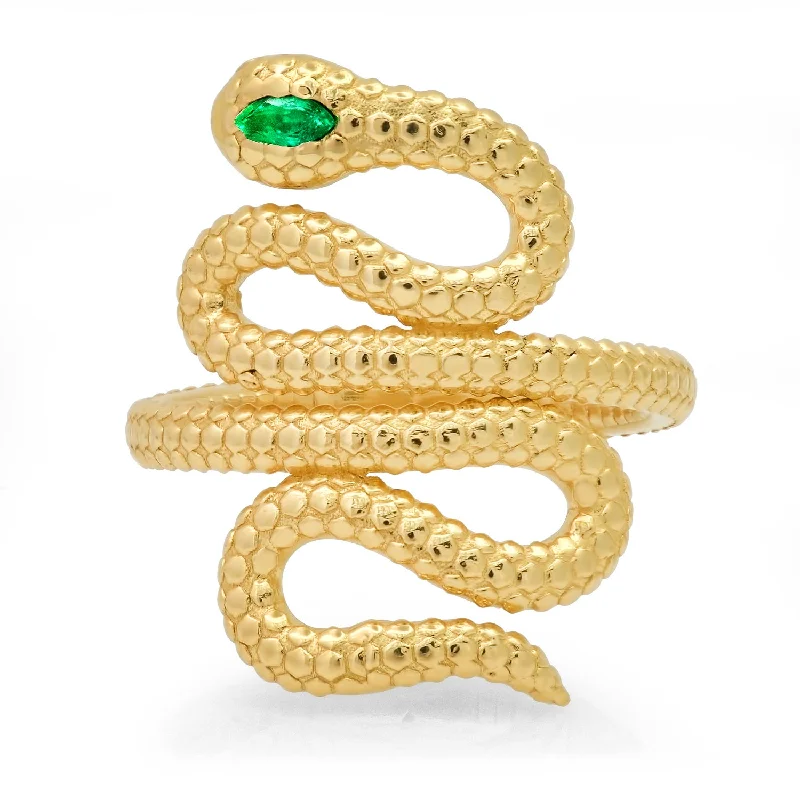 Solid Rings For Use-Textured Snake Ring with Emerald Marquis Eye