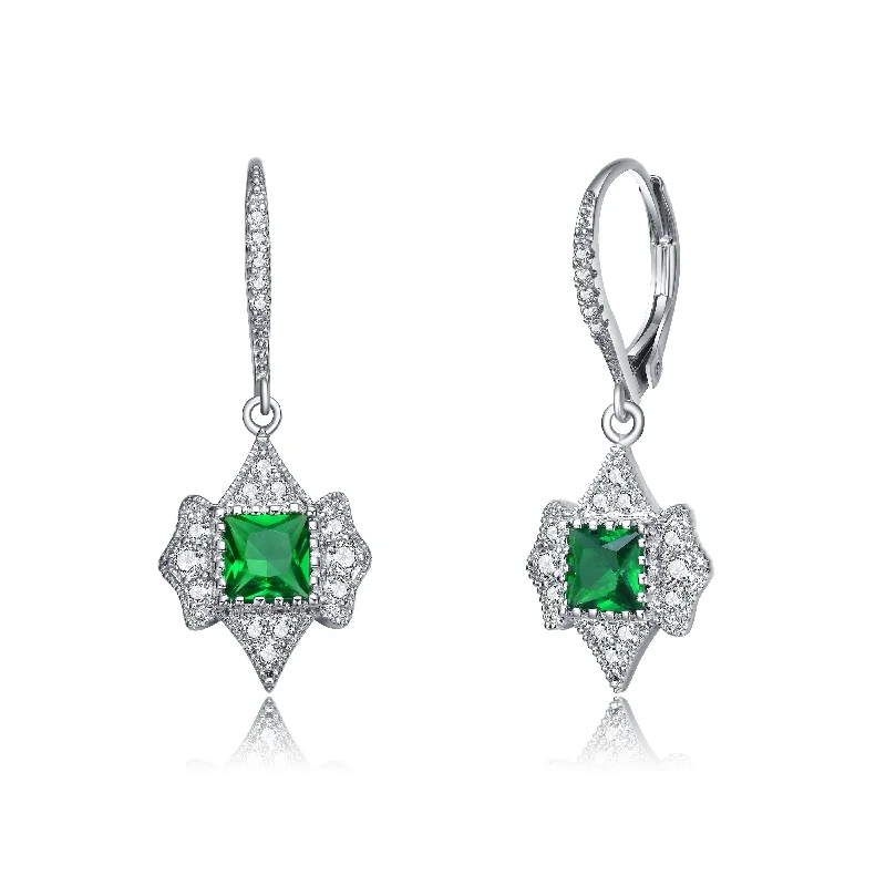 Earrings For Spring Days-Sterling Silver Princess and Round Cubic Zirconia Leverback Earrings