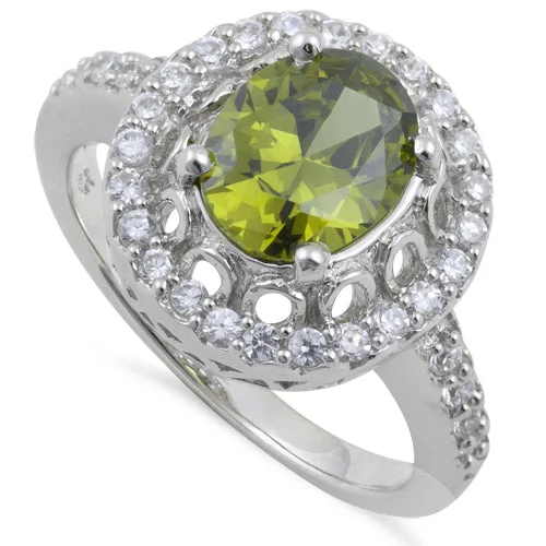 Rings For Winter Glow-Sterling Silver Olive Green Halo Oval Cut CZ Ring