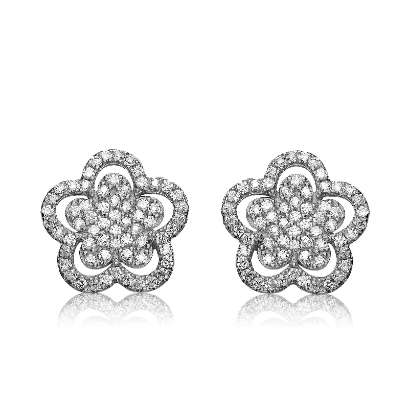 Best Pick Earrings-Sterling Silver In White Gold Plating Cubic Zirconia Double flower Stud Earrings