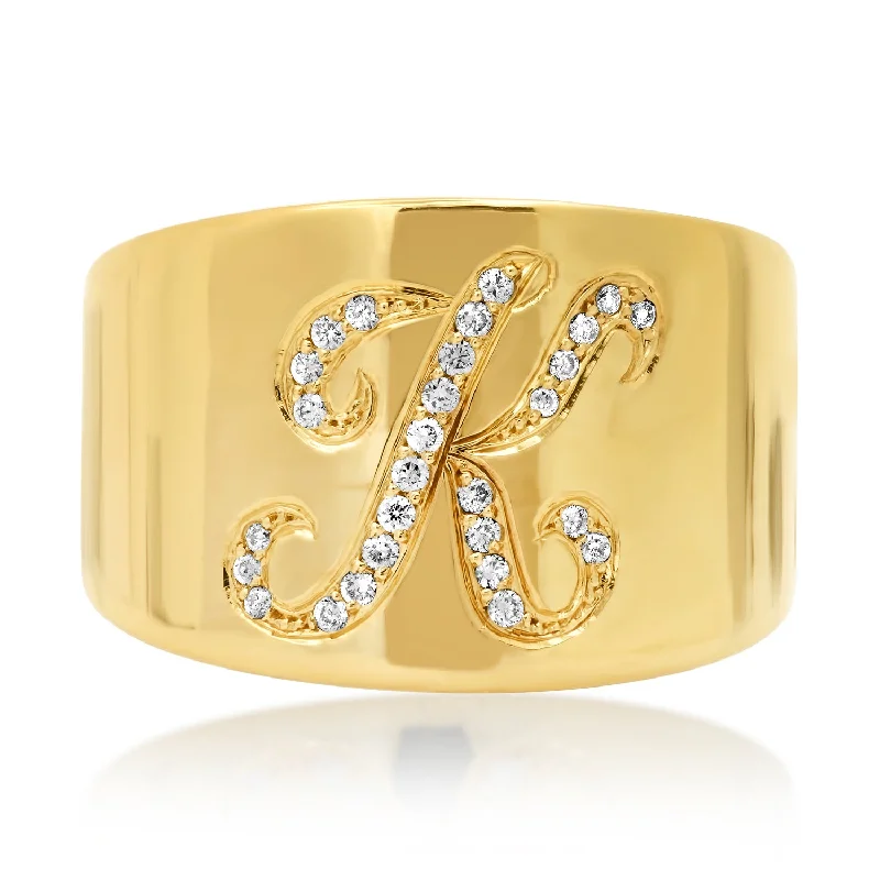 Rings Plating Types-Diamond Initial Cigar Band Ring