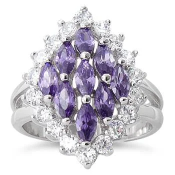 Rings For Mix Sets-Sterling Silver Elegant Amethyst Marquise Cut CZ Ring