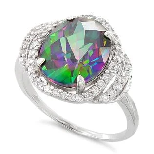 Rings For Bold Necklaces-Sterling Silver Rainbow Topaz Oval Halo CZ Ring