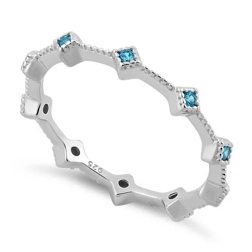 Rings For Slim Hands-Sterling Silver Eternity Thin Aqua Blue CZ Ring